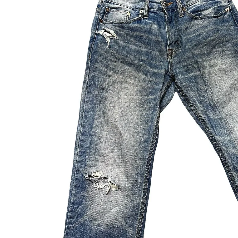 American Eagle Mens 29x32 Relaxed Straight Jeans Blue Distressed Western EUC